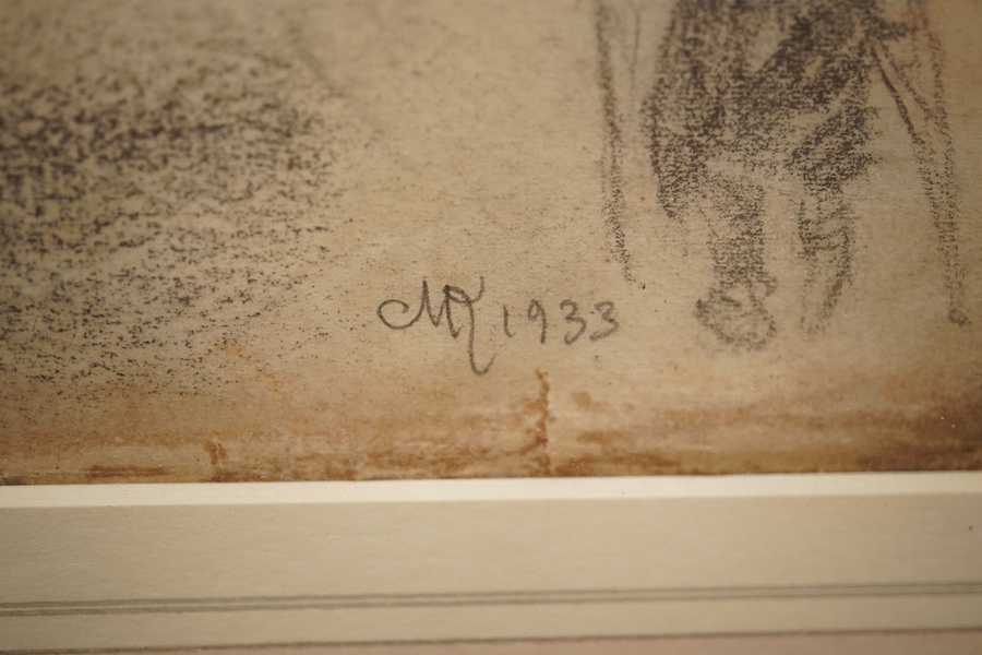 C.G, watercolour, ‘Brent Church, S. Devon’, monogrammed together with a charcoal study, oxen before mountains, monogrammed and dated 1933, largest 29 x 41cm. Condition - fair, staining to charcoal